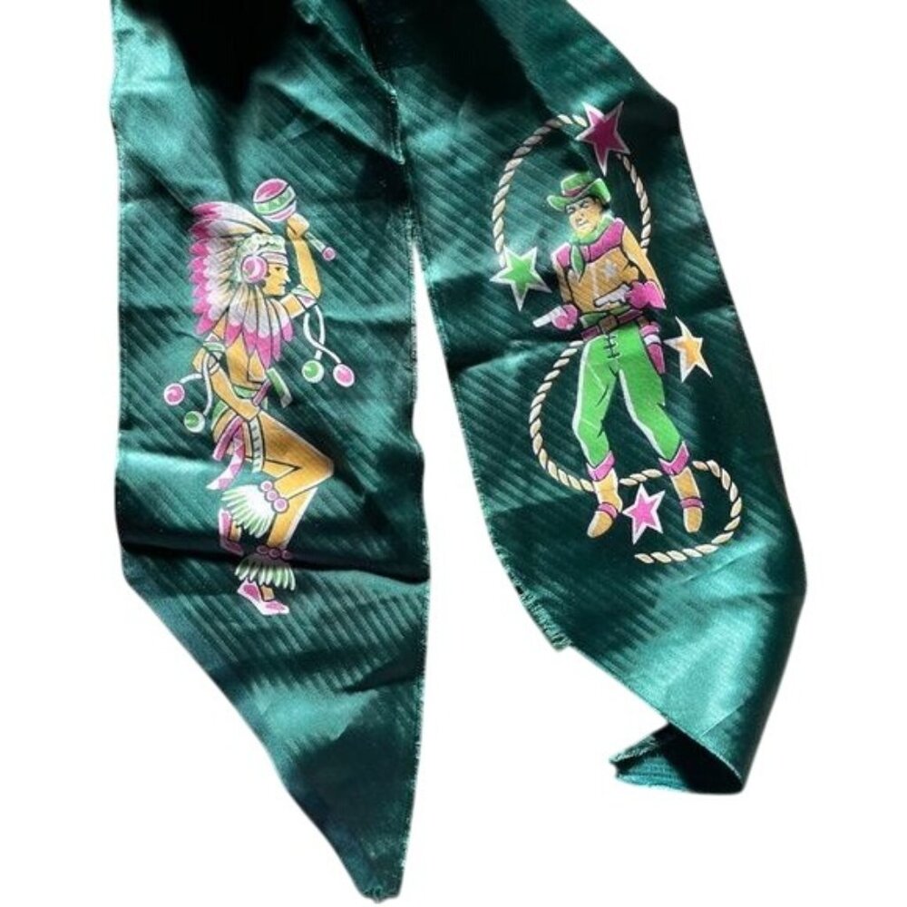 Vintage scarf set Green Purple Cowboy Southwest Western Design Rolled Edge
